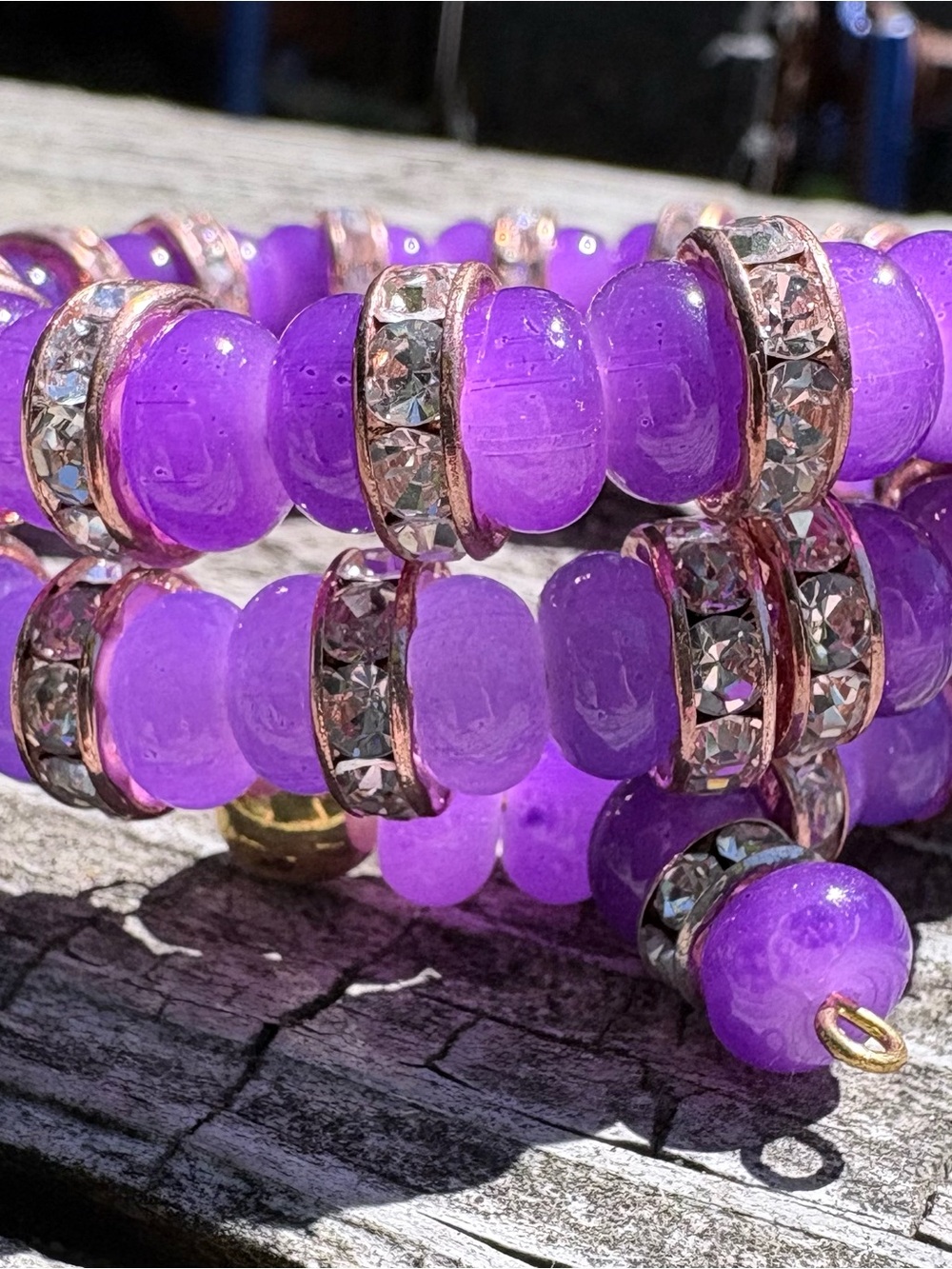 Purple Beaded Stretch Bracelet with Rhinestone Spacers